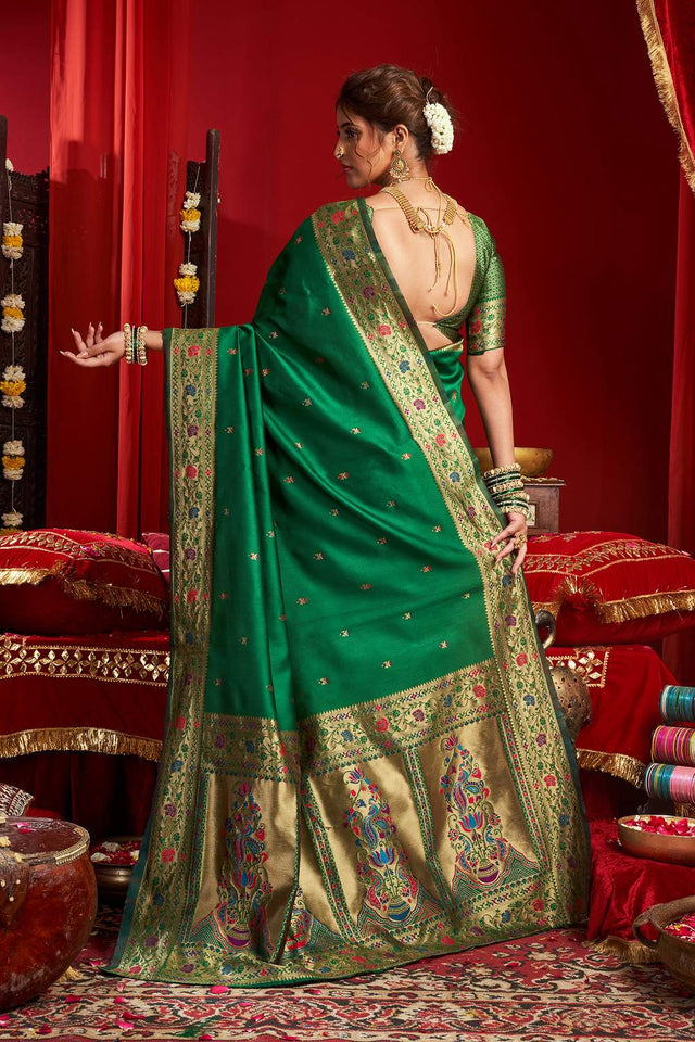 Green Paithani Floral Woven Silk Blend Saree (HT1705)