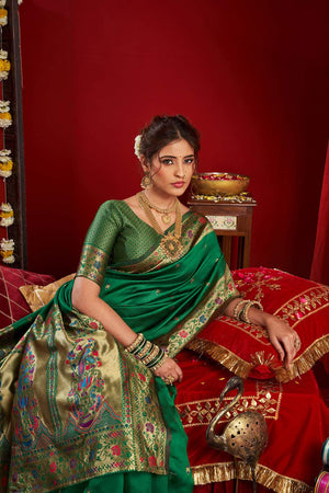 Green Paithani Floral Woven Silk Blend Saree (HT1705)