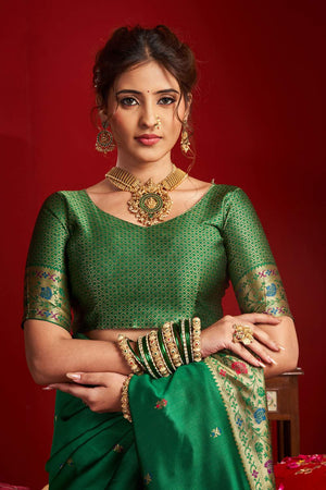 Green Paithani Floral Woven Silk Blend Saree (HT1705)