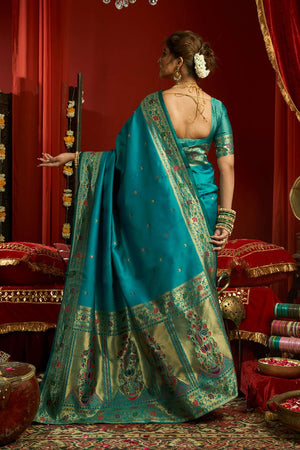 Light Blue Paithani Floral Woven Silk Blend Saree (HT1706)
