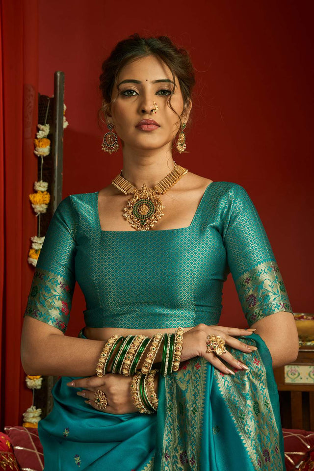 Light Blue Paithani Floral Woven Silk Blend Saree (HT1706)