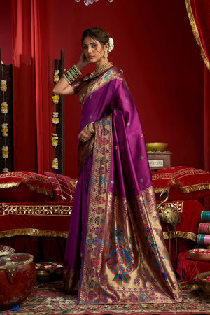 Wine Paithani Woven Silk Blend Saree (HT1709)