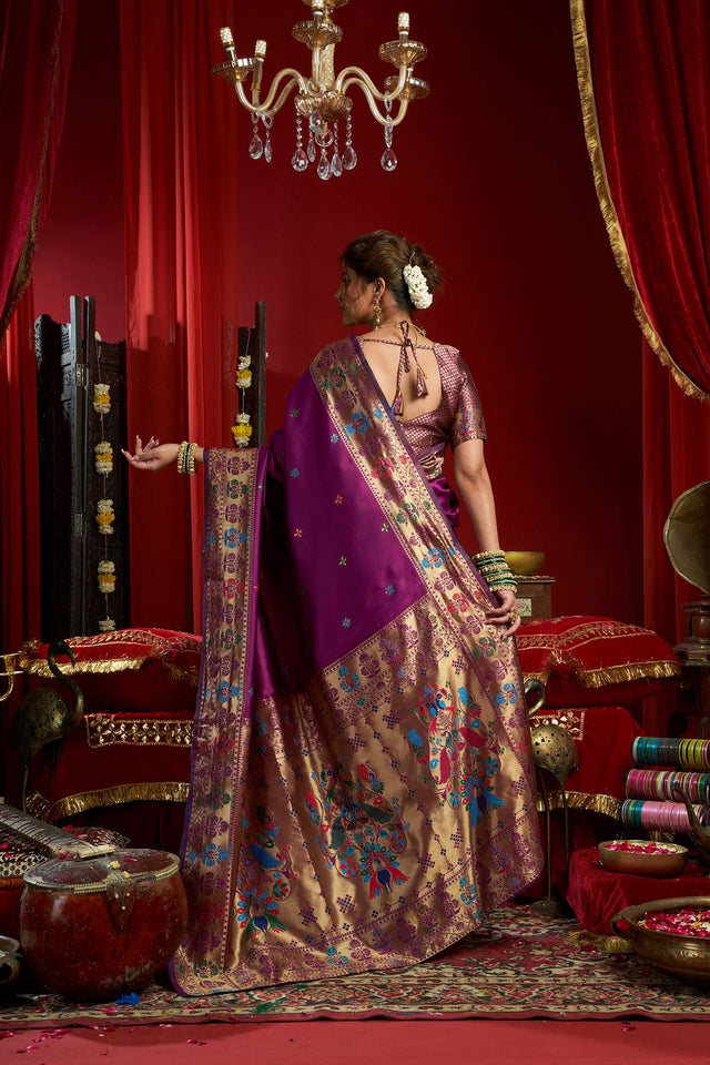 Wine Paithani Woven Silk Blend Saree (HT1709)