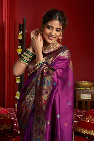 Wine Paithani Woven Silk Blend Saree (HT1709)