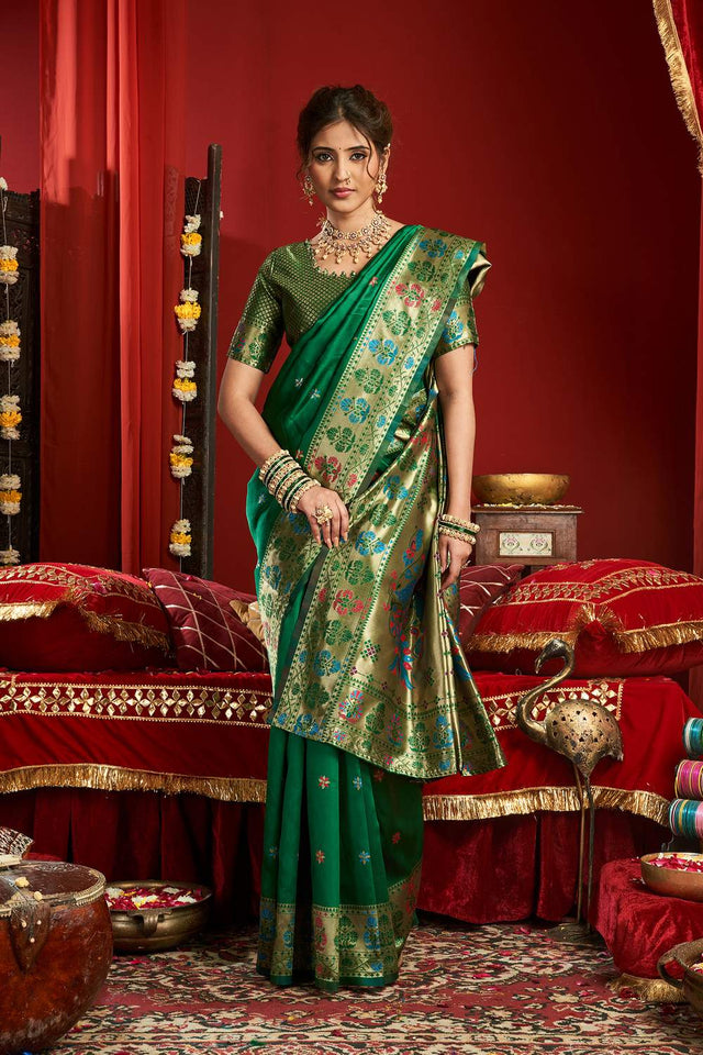 Green Paithani Woven Silk Blend Saree (HT1710)