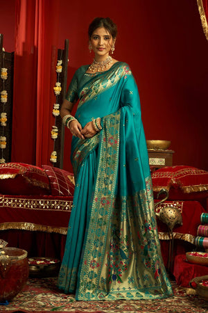 Turquoise Paithani Woven Silk Blend Saree (HT1711)