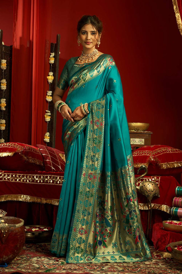Turquoise Paithani Woven Silk Blend Saree (HT1711)