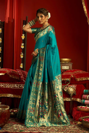 Turquoise Paithani Woven Silk Blend Saree (HT1711)