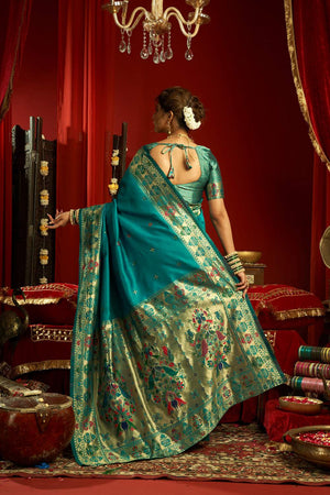 Turquoise Paithani Woven Silk Blend Saree (HT1711)