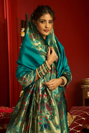 Turquoise Paithani Woven Silk Blend Saree (HT1711)