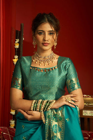 Turquoise Paithani Woven Silk Blend Saree (HT1711)