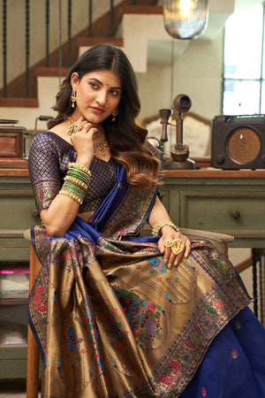 Navy Blue Paithani Peacock Woven Silk Blend Saree (HT1713)