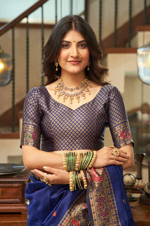 Navy Blue Paithani Peacock Woven Silk Blend Saree (HT1713)