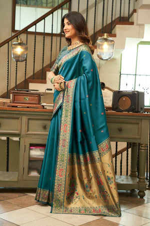 Turquoise Paithani Peacock Woven Silk Blend Saree (HT1714)