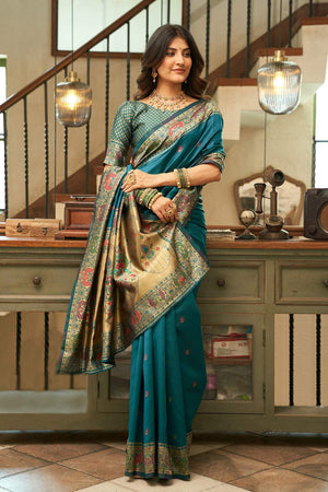 Turquoise Paithani Peacock Woven Silk Blend Saree (HT1714)