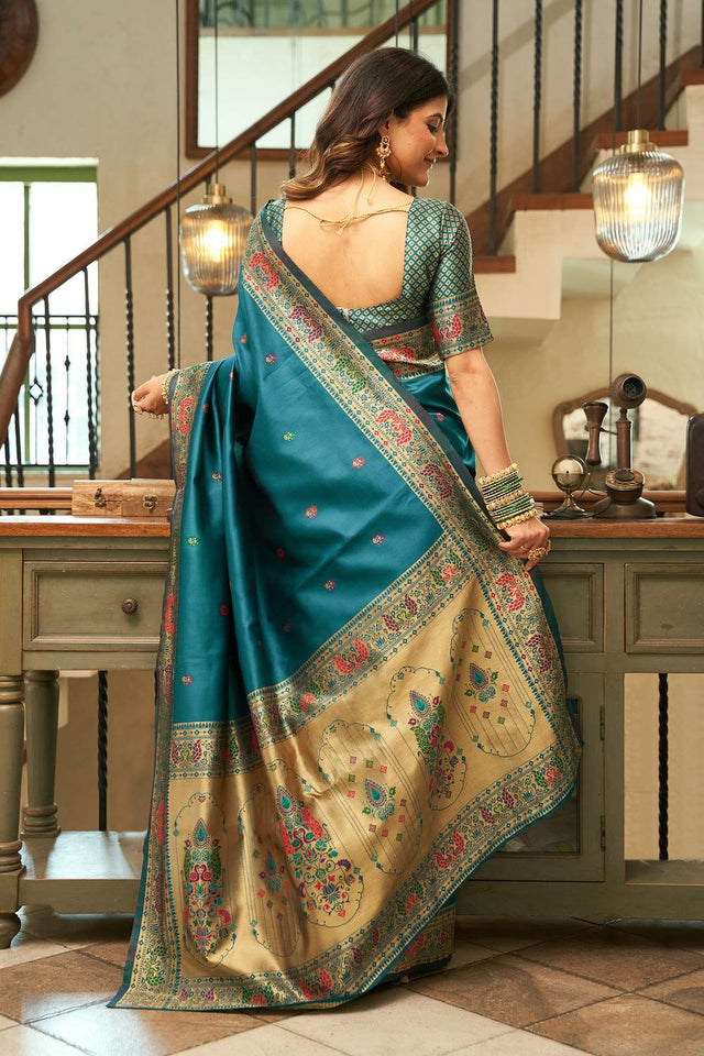 Turquoise Paithani Peacock Woven Silk Blend Saree (HT1714)