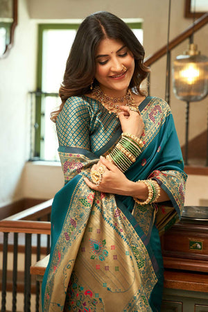 Turquoise Paithani Peacock Woven Silk Blend Saree (HT1714)