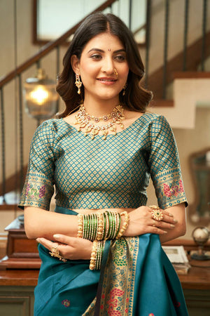 Turquoise Paithani Peacock Woven Silk Blend Saree (HT1714)