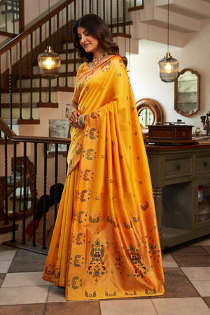 Orange Paithani Peacock Woven Silk Blend Saree (HT1715)