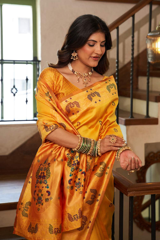 Orange Paithani Peacock Woven Silk Blend Saree (HT1715)