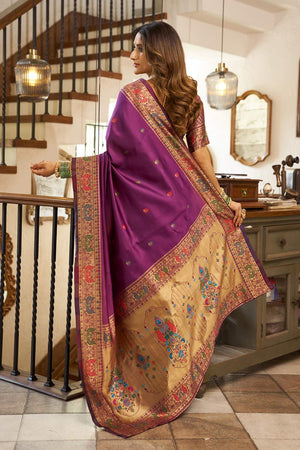 Purple Paithani Peacock Woven Silk Blend Saree (HT1716)