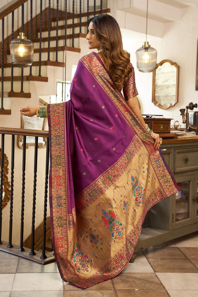 Purple Paithani Peacock Woven Silk Blend Saree (HT1716)