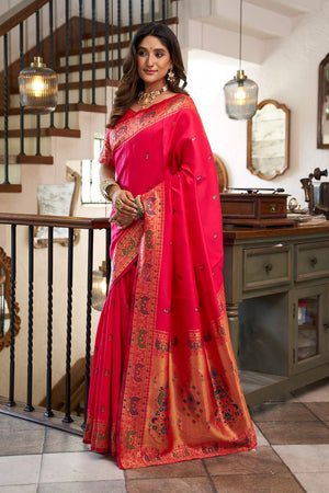Pink Paithani Peacock Woven Silk Blend Saree (HT1718)