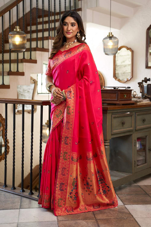 Pink Paithani Peacock Woven Silk Blend Saree (HT1718)