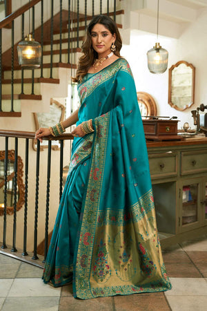 Turquoise Paithani Peacock Woven Silk Blend Saree (HT1719)
