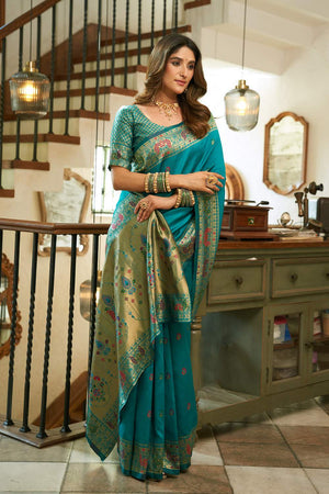 Turquoise Paithani Peacock Woven Silk Blend Saree (HT1719)