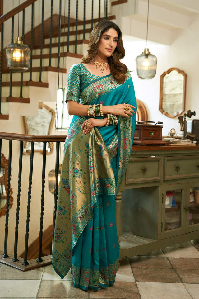 Turquoise Paithani Peacock Woven Silk Blend Saree (HT1719)