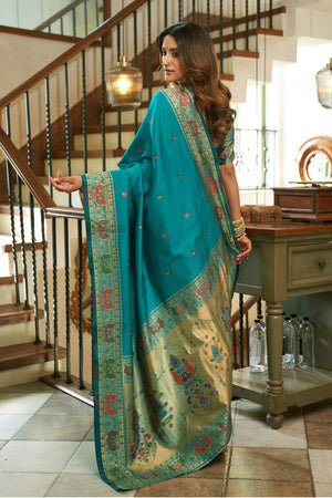 Turquoise Paithani Peacock Woven Silk Blend Saree (HT1719)