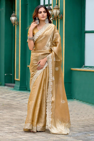 Beige Floral Embroidered Chiffon Saree (HT1801)