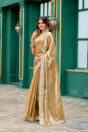 Beige Floral Embroidered Chiffon Saree (HT1801)