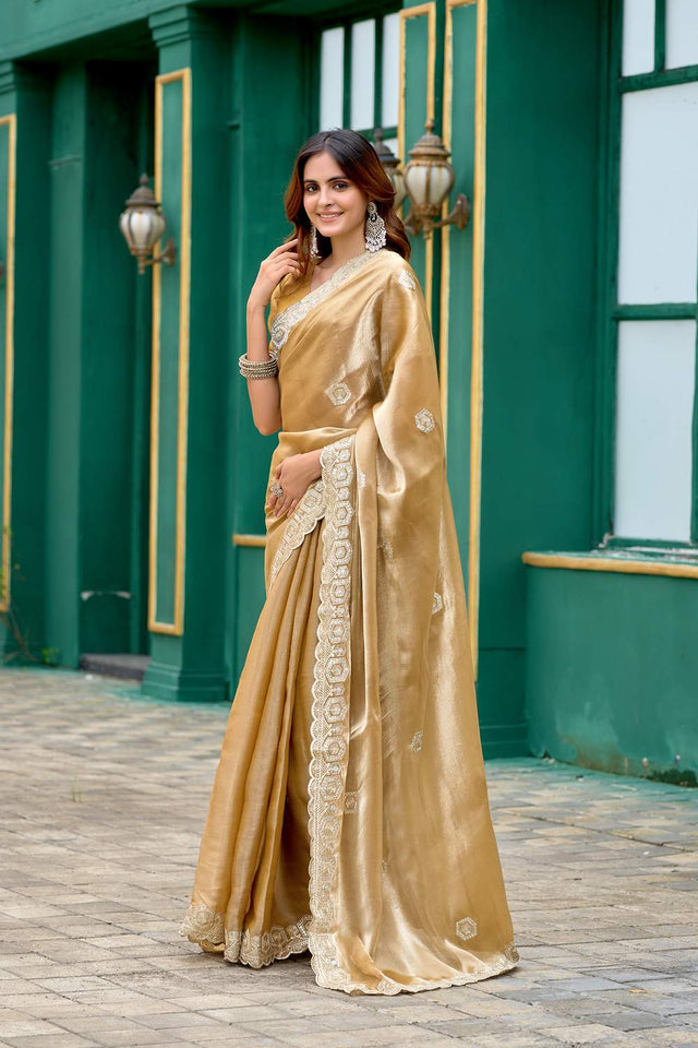 Beige Floral Embroidered Chiffon Saree (HT1801)