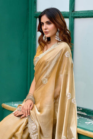 Beige Floral Embroidered Chiffon Saree (HT1801)