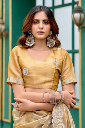 Beige Floral Embroidered Chiffon Saree (HT1801)