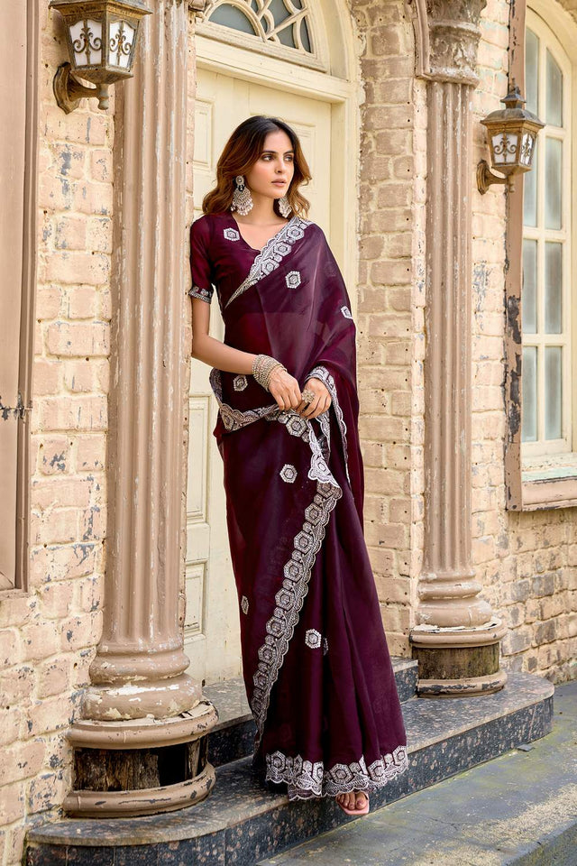 Wine Floral Embroidered Chiffon Saree (HT1802)