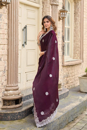 Wine Floral Embroidered Chiffon Saree (HT1802)