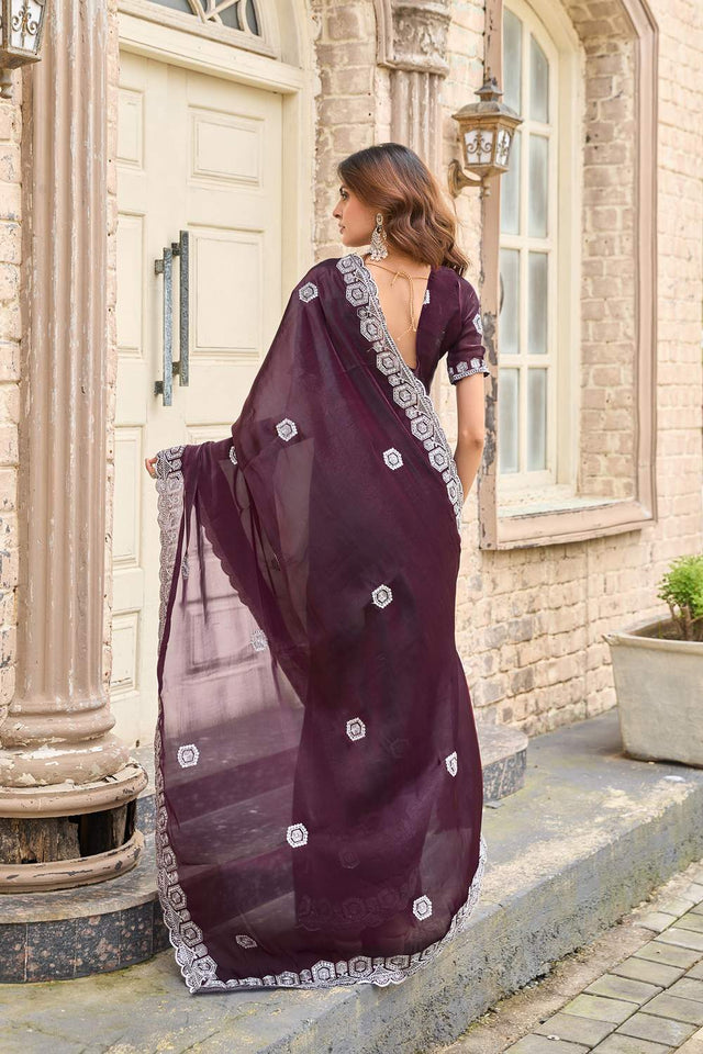 Wine Floral Embroidered Chiffon Saree (HT1802)