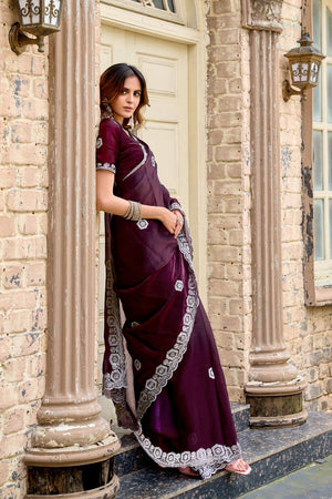 Wine Floral Embroidered Chiffon Saree (HT1802)