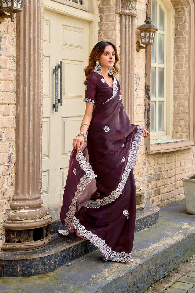 Wine Floral Embroidered Chiffon Saree (HT1802)