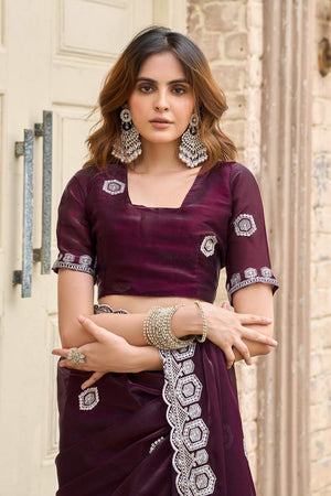 Wine Floral Embroidered Chiffon Saree (HT1802)