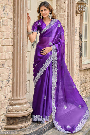 Violet Floral Embroidered Chiffon Saree (HT1803)