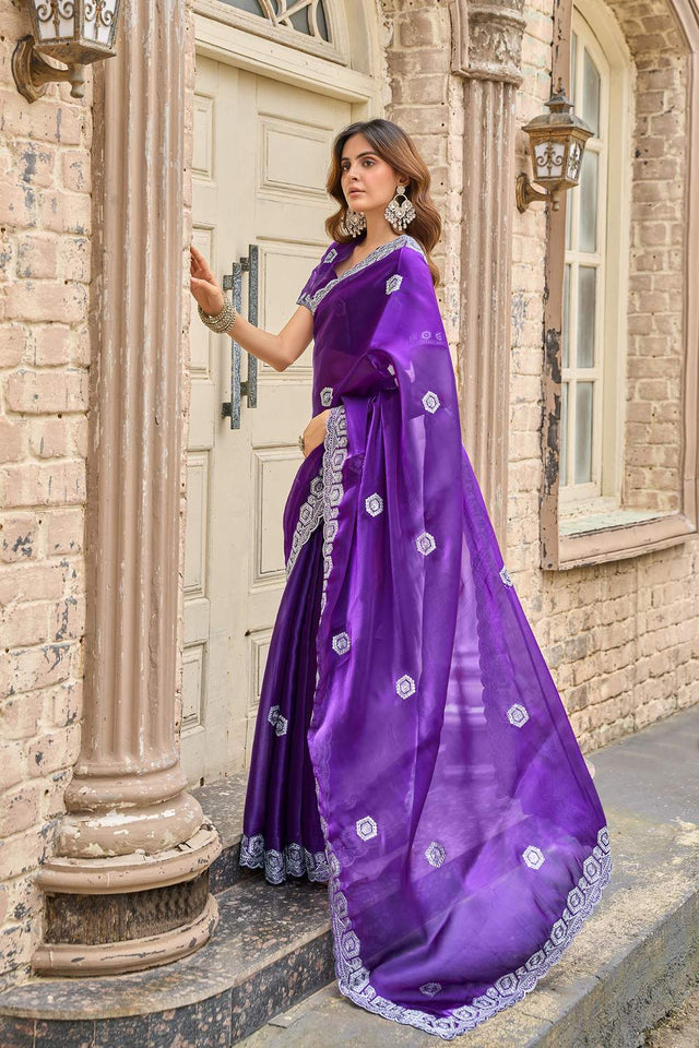 Violet Floral Embroidered Chiffon Saree (HT1803)