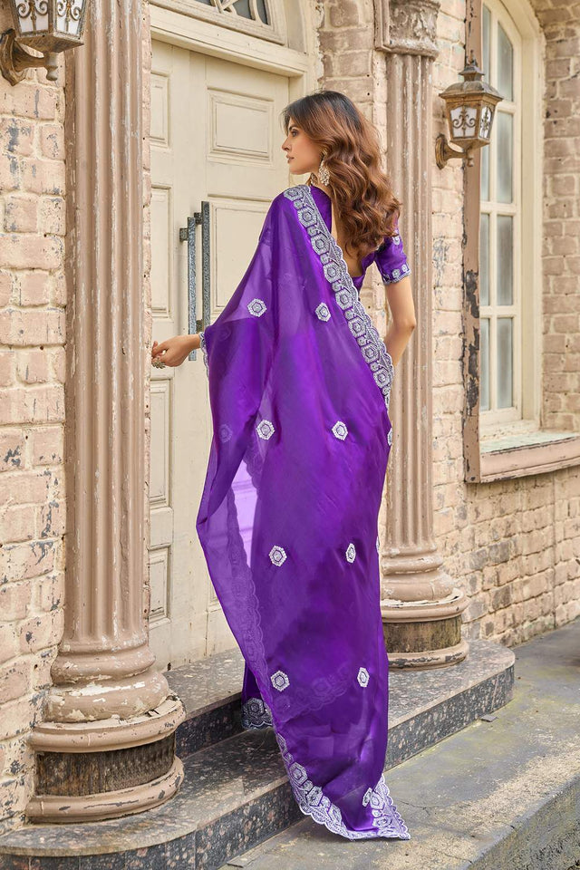 Violet Floral Embroidered Chiffon Saree (HT1803)