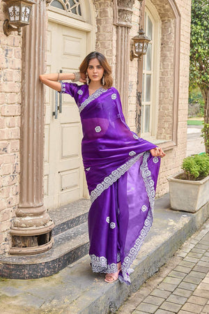 Violet Floral Embroidered Chiffon Saree (HT1803)