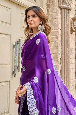 Violet Floral Embroidered Chiffon Saree (HT1803)