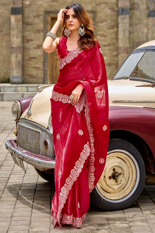 Red Floral Embroidered Chiffon Saree (HT1804)