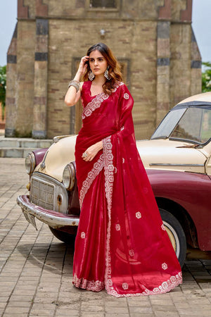 Red Floral Embroidered Chiffon Saree (HT1804)